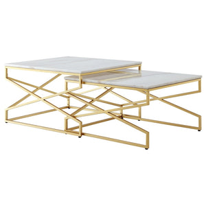 HomeRoots Set of Two Elegant White Marble and Gold Iron Nested Coffee Tables for Modern Living Spaces 543851
