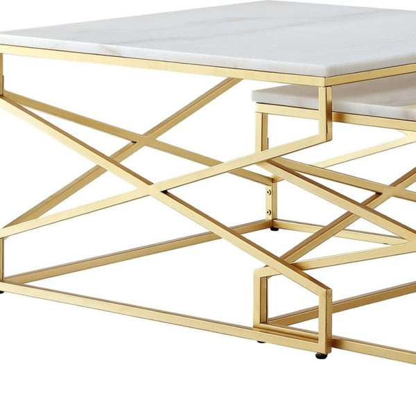 HomeRoots Set of Two Elegant White Marble and Gold Iron Nested Coffee Tables for Modern Living Spaces 543851