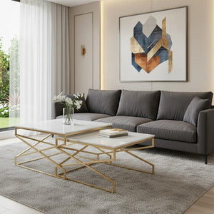 HomeRoots Set of Two Elegant White Marble and Gold Iron Nested Coffee Tables for Modern Living Spaces 543851