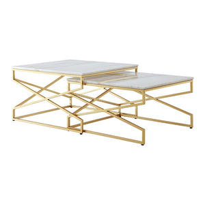 HomeRoots Set of Two Elegant White Marble and Gold Iron Nested Coffee Tables for Modern Living Spaces 543851