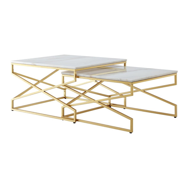 HomeRoots Set of Two Elegant White Marble and Gold Iron Nested Coffee Tables for Modern Living Spaces 543851