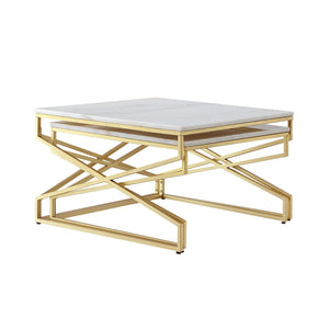 HomeRoots Set of Two Elegant White Marble and Gold Iron Nested Coffee Tables for Modern Living Spaces 543851