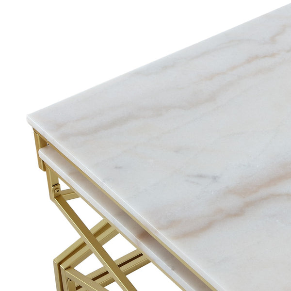 HomeRoots Set of Two Elegant White Marble and Gold Iron Nested Coffee Tables for Modern Living Spaces 543851