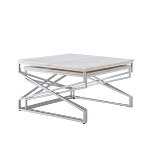 HomeRoots Set of Two White Marble & Silver Iron Nested Coffee Tables – Modern Geometric Accent for Your Space 543852
