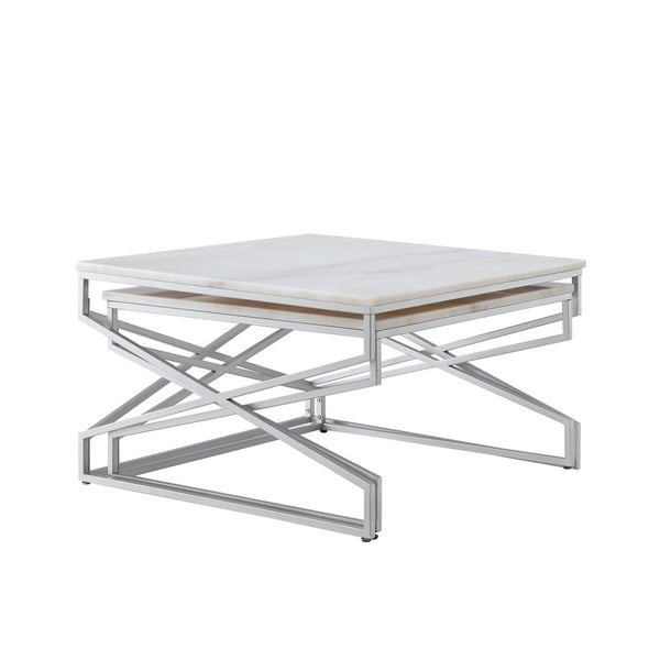 HomeRoots Set of Two White Marble & Silver Iron Nested Coffee Tables – Modern Geometric Accent for Your Space 543852
