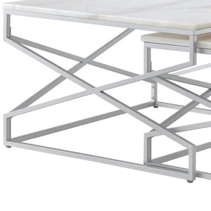 HomeRoots Set of Two White Marble & Silver Iron Nested Coffee Tables – Modern Geometric Accent for Your Space 543852
