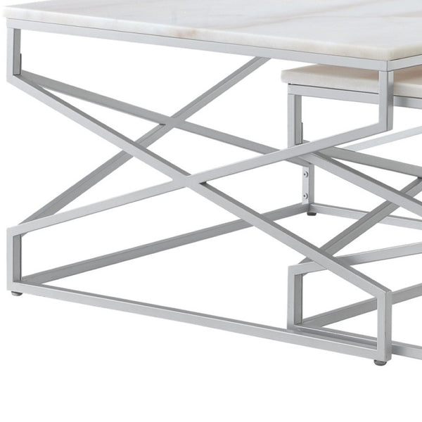 HomeRoots Set of Two White Marble & Silver Iron Nested Coffee Tables – Modern Geometric Accent for Your Space 543852