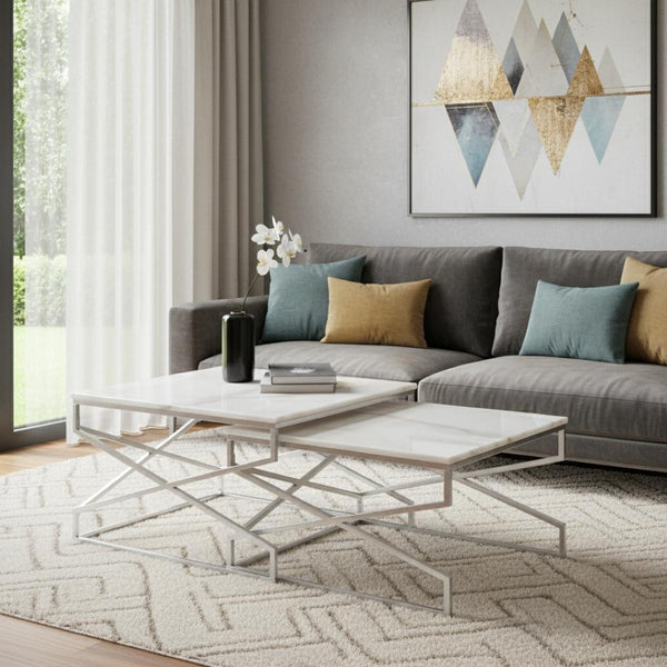 HomeRoots Set of Two White Marble & Silver Iron Nested Coffee Tables – Modern Geometric Accent for Your Space 543852