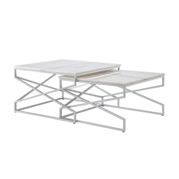 HomeRoots Set of Two White Marble & Silver Iron Nested Coffee Tables – Modern Geometric Accent for Your Space 543852