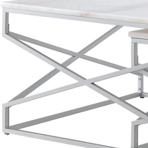 HomeRoots Set of Two White Marble & Silver Iron Nested Coffee Tables – Modern Geometric Accent for Your Space 543852
