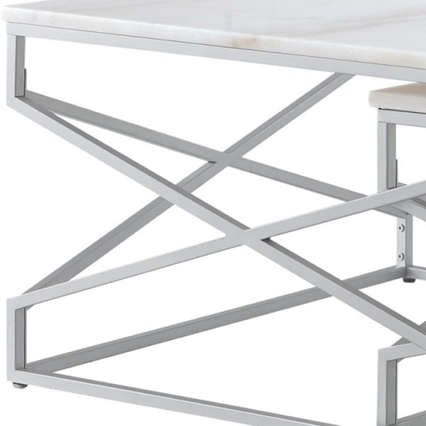 HomeRoots Set of Two White Marble & Silver Iron Nested Coffee Tables – Modern Geometric Accent for Your Space 543852