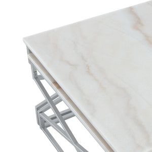 HomeRoots Set of Two White Marble & Silver Iron Nested Coffee Tables – Modern Geometric Accent for Your Space 543852