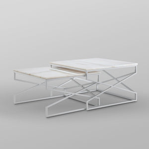 HomeRoots Set of Two White Marble & Silver Iron Nested Coffee Tables – Modern Geometric Accent for Your Space 543852