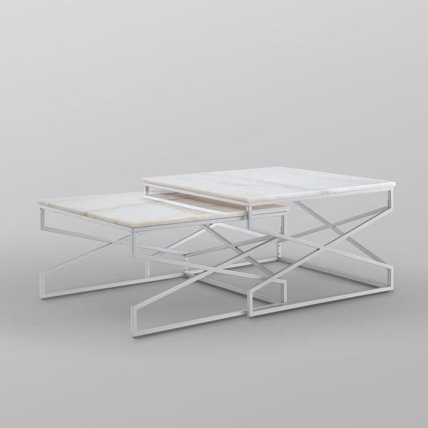 HomeRoots Set of Two White Marble & Silver Iron Nested Coffee Tables – Modern Geometric Accent for Your Space 543852