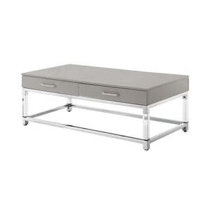 HomeRoots 47" Modern Light Gray Coffee Table with Silver Acrylic Frame & 2 Drawers for Stylish Storage Solutions 543855