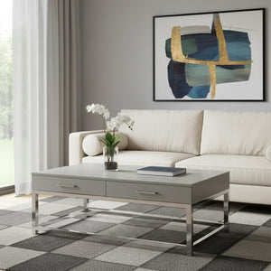 HomeRoots 47" Modern Light Gray Coffee Table with Silver Acrylic Frame & 2 Drawers for Stylish Storage Solutions 543855