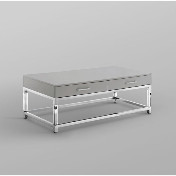 HomeRoots 47" Modern Light Gray Coffee Table with Silver Acrylic Frame & 2 Drawers for Stylish Storage Solutions 543855