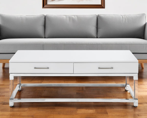 Homeroots 47" White Silver And Clear Wood Acrylic And Steel Coffee Table White,Chrome  543856