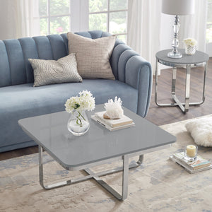 Homeroots 35" Light Gray And Silver Metallic Wood And Stainless Steel Square Coffee Table Light Grey,Chrome  543859