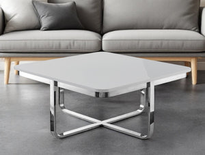 HomeRoots 35" Modern Square Coffee Table with Sleek Stainless Steel Base - Stylish Geometric Living Room Centerpiece Light Grey/Chrome 543859