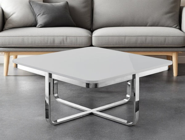 HomeRoots 35" Modern Square Coffee Table with Sleek Stainless Steel Base - Stylish Geometric Living Room Centerpiece Light Grey/Chrome 543859