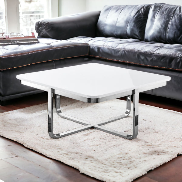 Homeroots 35" White And Silver Metallic Stainless Steel Square Coffee Table White,Chrome  543860