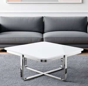 HomeRoots 35" Modern Square Coffee Table with Sleek Stainless Steel Base - Stylish Geometric Living Room Centerpiece White/Chrome 543860