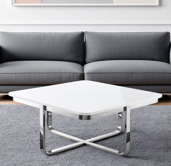 HomeRoots 35" Modern Square Coffee Table with Sleek Stainless Steel Base - Stylish Geometric Living Room Centerpiece White/Chrome 543860