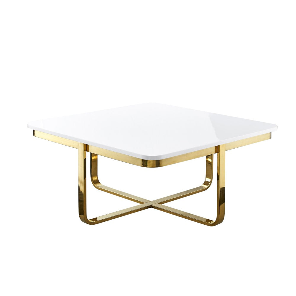 HomeRoots 35" Stylish White Wood & Gold Stainless Steel Square Coffee Table for Modern Living Spaces 543861