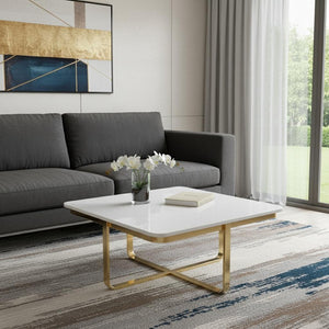 HomeRoots 35" Stylish White Wood & Gold Stainless Steel Square Coffee Table for Modern Living Spaces 543861