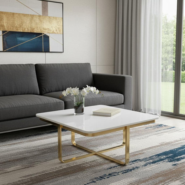 HomeRoots 35" Stylish White Wood & Gold Stainless Steel Square Coffee Table for Modern Living Spaces 543861