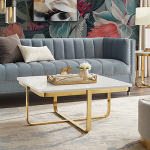 HomeRoots 35" Stylish White Wood & Gold Stainless Steel Square Coffee Table for Modern Living Spaces 543861