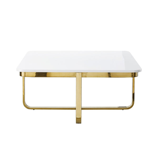 HomeRoots 35" Stylish White Wood & Gold Stainless Steel Square Coffee Table for Modern Living Spaces 543861
