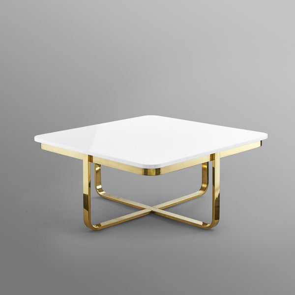 HomeRoots 35" Stylish White Wood & Gold Stainless Steel Square Coffee Table for Modern Living Spaces 543861