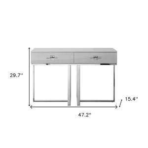 Homeroots 47" Sleek Gray And Silver Wooden Console Table With Stainless Steel Sled Base And Two Drawers Light Grey,Chrome  543863