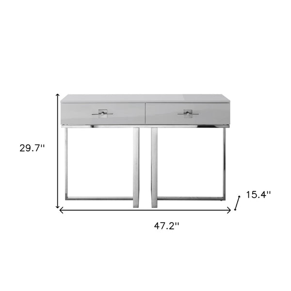 Homeroots 47" Sleek Gray And Silver Wooden Console Table With Stainless Steel Sled Base And Two Drawers Light Grey,Chrome  543863