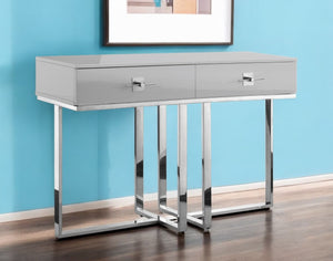 Homeroots 47" Sleek Gray And Silver Wooden Console Table With Stainless Steel Sled Base And Two Drawers Light Grey,Chrome  543863