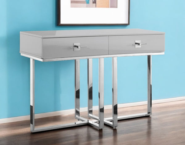 Homeroots 47" Sleek Gray And Silver Wooden Console Table With Stainless Steel Sled Base And Two Drawers Light Grey,Chrome  543863