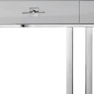 Homeroots 47" Sleek Gray And Silver Wooden Console Table With Stainless Steel Sled Base And Two Drawers Light Grey,Chrome  543863