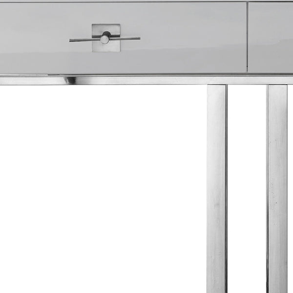 Homeroots 47" Sleek Gray And Silver Wooden Console Table With Stainless Steel Sled Base And Two Drawers Light Grey,Chrome  543863