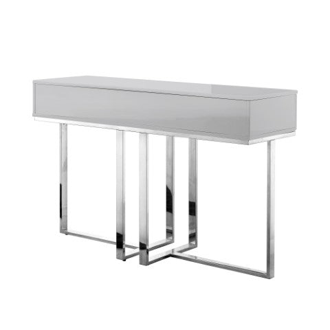 Homeroots 47" Sleek Gray And Silver Wooden Console Table With Stainless Steel Sled Base And Two Drawers Light Grey,Chrome  543863