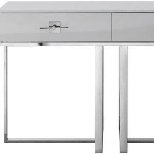 Homeroots 47" Sleek Gray And Silver Wooden Console Table With Stainless Steel Sled Base And Two Drawers Light Grey,Chrome  543863