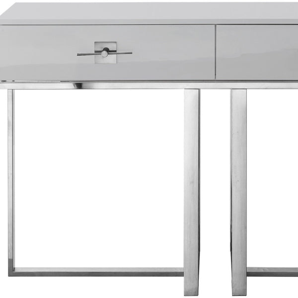 Homeroots 47" Sleek Gray And Silver Wooden Console Table With Stainless Steel Sled Base And Two Drawers Light Grey,Chrome  543863