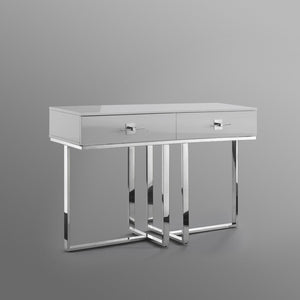 Homeroots 47" Sleek Gray And Silver Wooden Console Table With Stainless Steel Sled Base And Two Drawers Light Grey,Chrome  543863