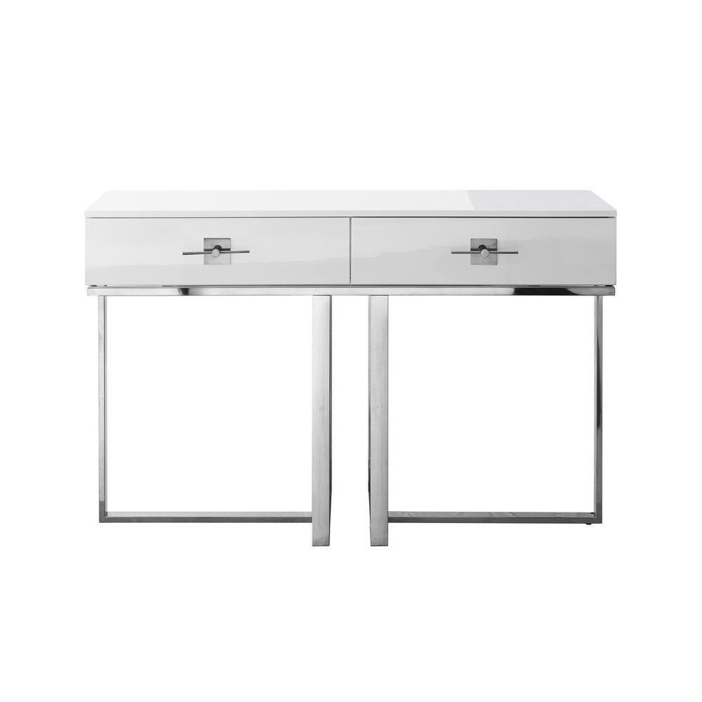 Homeroots 47" White And Silver Metallic Stainless Steel Coffee Table With Two Drawers White,Chrome  543864