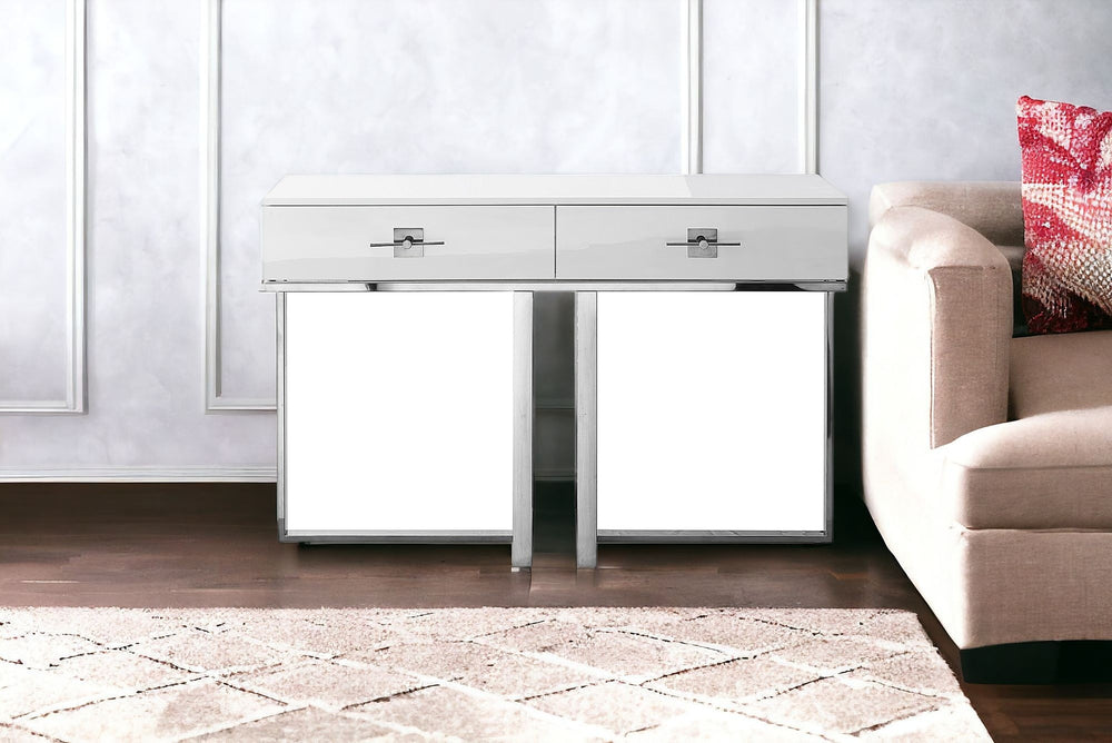 Homeroots 47" White And Silver Metallic Stainless Steel Coffee Table With Two Drawers White,Chrome  543864