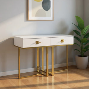 HomeRoots 47" Stylish Stainless Steel Coffee Table with Two Drawers for Modern Elegance and Practical Storage White/Gold 543865