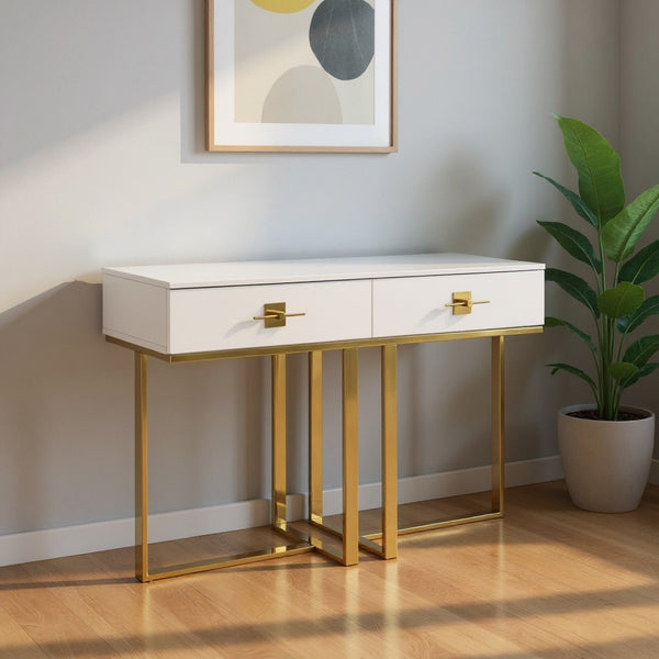 HomeRoots 47" Stylish Stainless Steel Coffee Table with Two Drawers for Modern Elegance and Practical Storage White/Gold 543865