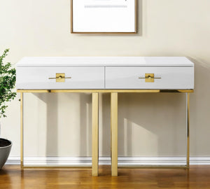Homeroots 47" Sleek Gray And Silver Wooden Console Table With Stainless Steel Sled Base And Two Drawers White,Gold  543865