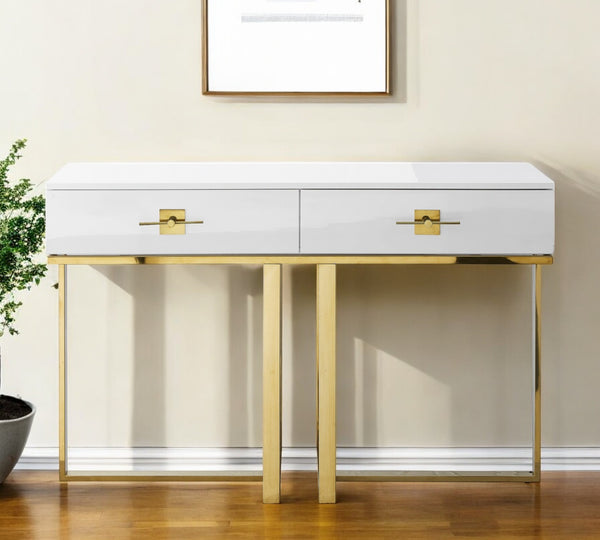 Homeroots 47" Sleek Gray And Silver Wooden Console Table With Stainless Steel Sled Base And Two Drawers White,Gold  543865
